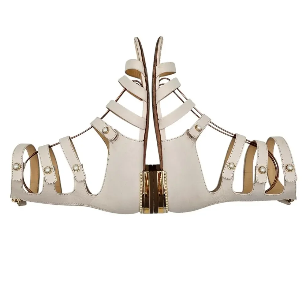 Chanel Pearl White Leather Gladiator Flat Sandal Strap Cage Zip Size 38 7 7.5